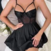 Femmes Sexy dentelle chemise de nuit robe de nuit col en V sans manches bretelles maille transparente chemise de nuit Lingerie exotique chemise de nuit