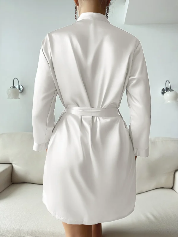 Robe de Nuit en Satin pour Femme, Couleur Unie, Manches sulf, Col en V, avec Ceinture
