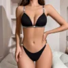 Femmes 2 pièces tricot côtelé confortable respectueux de la peau soutien-gorge culotte ensemble de Lingerie col en V Push Up soutiens-gorge et culotte ensemble Sexy femme sous-vêtements