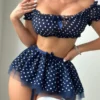 Ensemble de 3 pièces jupe bouffante révélatrice d'épaule à pois, haut en dentelle Sexy, tongs, sous-vêtements, costumes, ensembles exotiques intimes romantiques