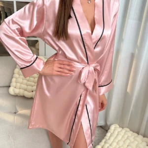 Robe de nuit en Satin Simple, élégante, col en V, manches longues, avec ceinture, vêtements de nuit pour femmes