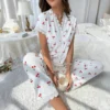 Ensemble pyjama 2 pièces en dentelle pour femmes, haut à manches courtes avec boutons sur le devant et pantalon pleine longueur, imprimé cerise, vêtements de nuit, vêtements de maison