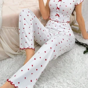 Ensemble pyjama côtelé à volants pour femmes, imprimé cœur, vêtements de nuit tricotés, col en v, hauts amples, pantalons longs élastiques, vêtements d'automne et d'hiver