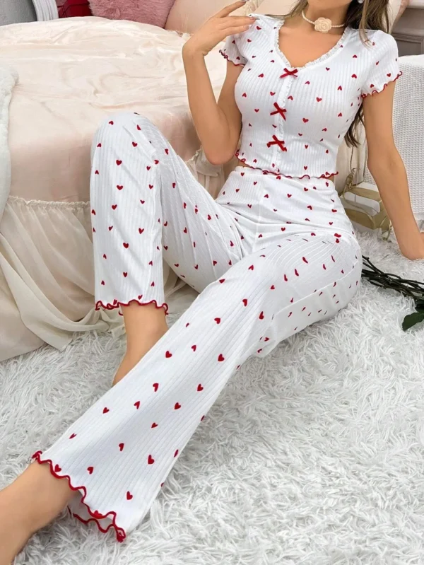 Ensemble pyjama côtelé à volants pour femmes, imprimé cœur, vêtements de nuit tricotés, col en v, hauts amples, pantalons longs élastiques, vêtements d'automne et d'hiver