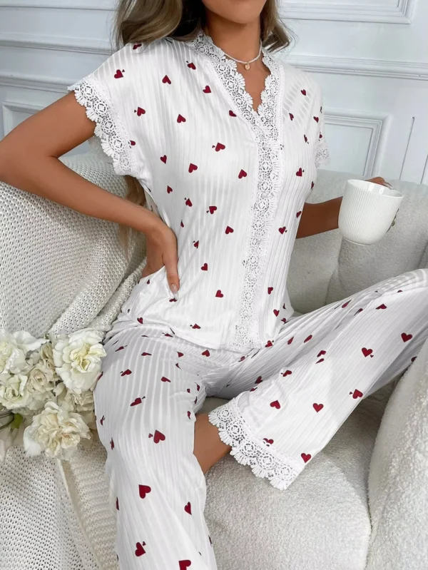 Ensemble pyjama 2 pièces en dentelle pour femmes, haut à manches courtes avec boutons sur le devant et pantalon pleine longueur, imprimé cerise, vêtements de nuit, vêtements de maison