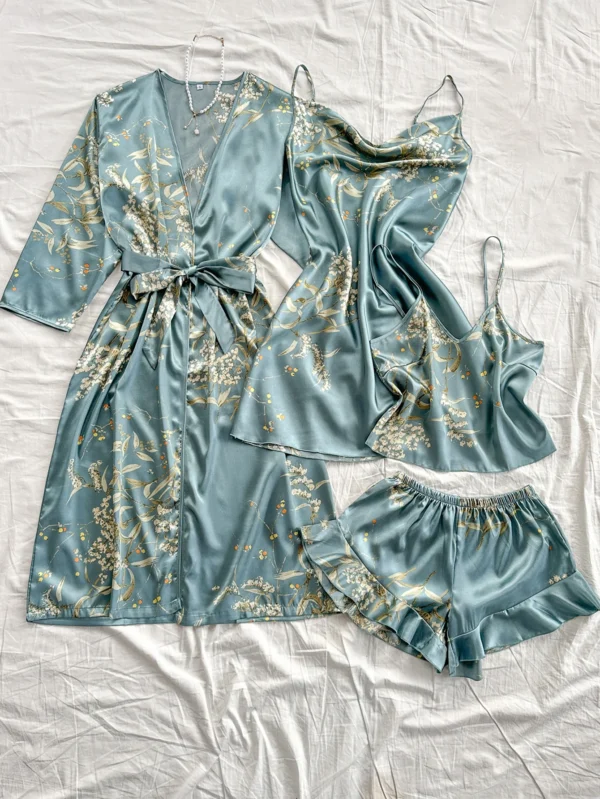 Peignoir d'été confortable imprimé cerise irrégulier et short licou, pyjama sexy pour femmes, ensemble quatre pièces