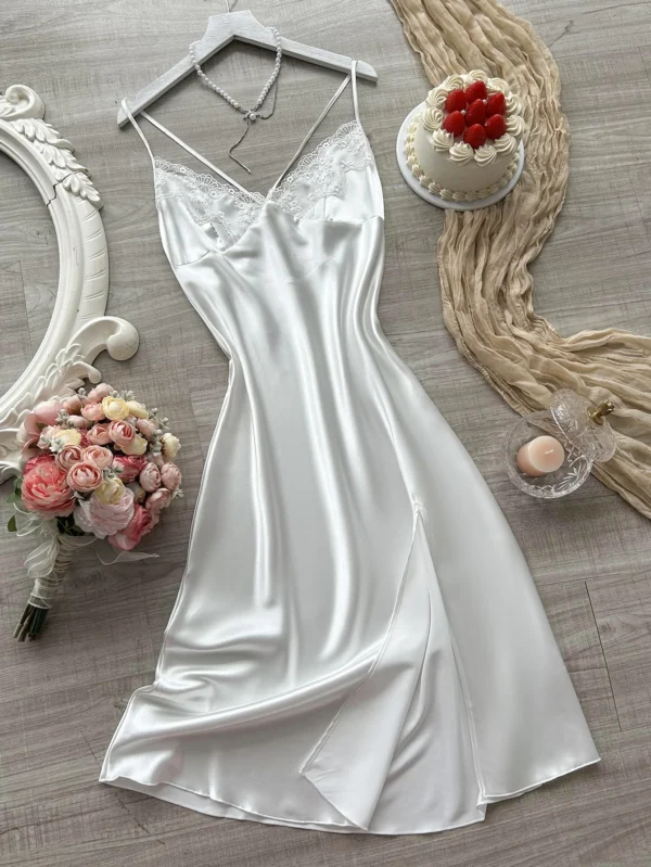 Sexy haute fente tentation longue dames sexy dentelle patchwork licou chemise de nuit simple femmes maison robe licou chemise de nuit femmes