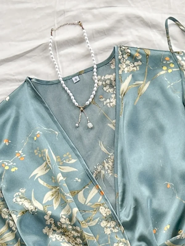 Peignoir d'été confortable imprimé cerise irrégulier et short licou, pyjama sexy pour femmes, ensemble quatre pièces