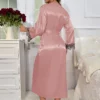 2cs contraste dentelle à manches longues ceinturé Robe col en V Robe Sexy élégant femmes pyjamas ensembles