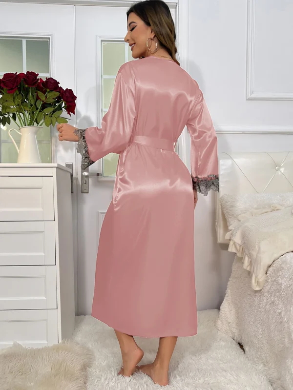 2cs contraste dentelle à manches longues ceinturé Robe col en V Robe Sexy élégant femmes pyjamas ensembles